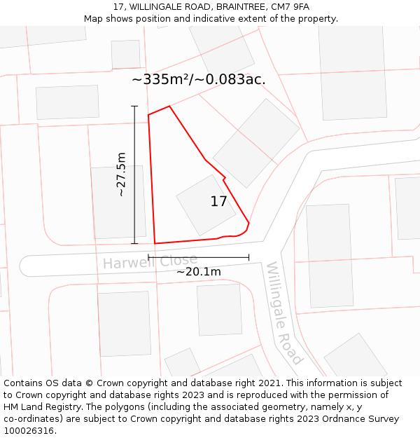 17, WILLINGALE ROAD, BRAINTREE, CM7 9FA: Plot and title map