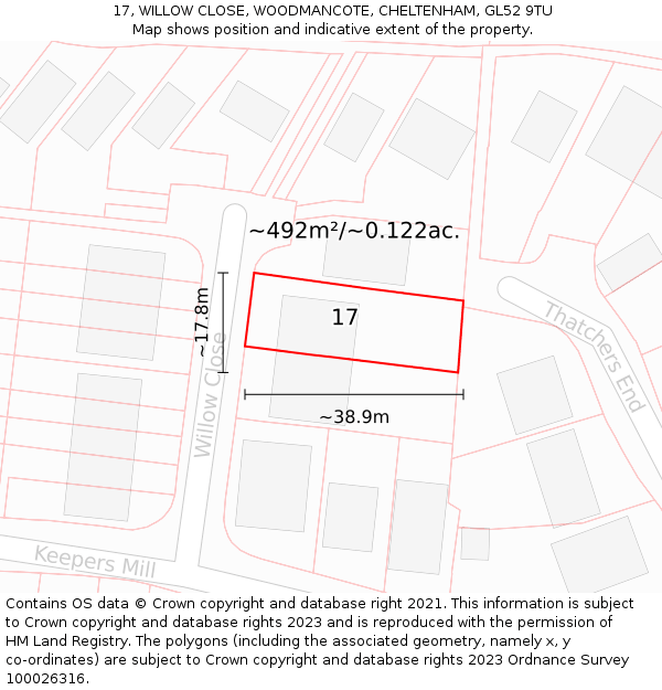17, WILLOW CLOSE, WOODMANCOTE, CHELTENHAM, GL52 9TU: Plot and title map