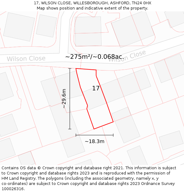17, WILSON CLOSE, WILLESBOROUGH, ASHFORD, TN24 0HX: Plot and title map