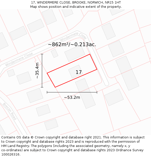 17, WINDERMERE CLOSE, BROOKE, NORWICH, NR15 1HT: Plot and title map