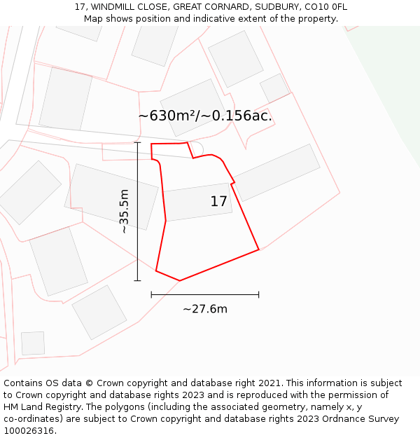 17, WINDMILL CLOSE, GREAT CORNARD, SUDBURY, CO10 0FL: Plot and title map