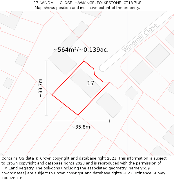 17, WINDMILL CLOSE, HAWKINGE, FOLKESTONE, CT18 7UE: Plot and title map