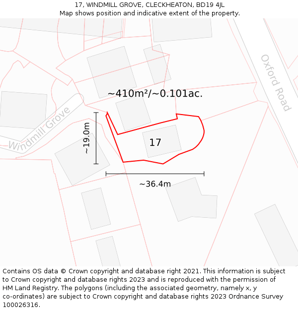 17, WINDMILL GROVE, CLECKHEATON, BD19 4JL: Plot and title map