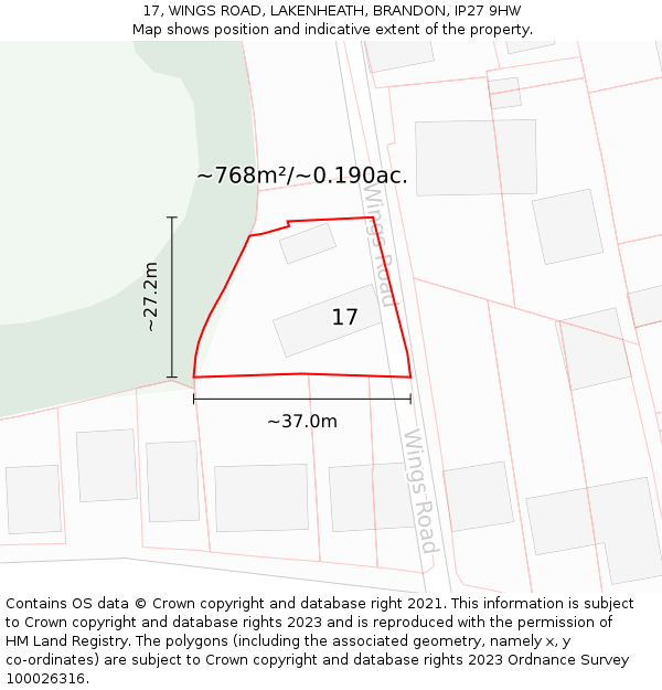 17, WINGS ROAD, LAKENHEATH, BRANDON, IP27 9HW: Plot and title map