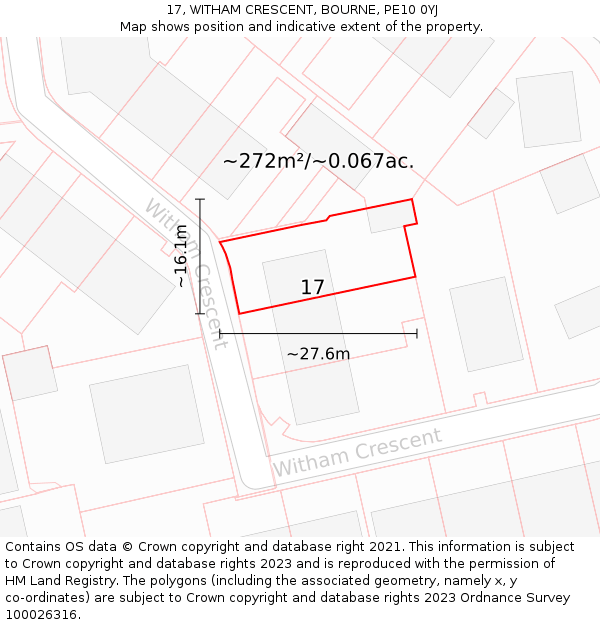 17, WITHAM CRESCENT, BOURNE, PE10 0YJ: Plot and title map