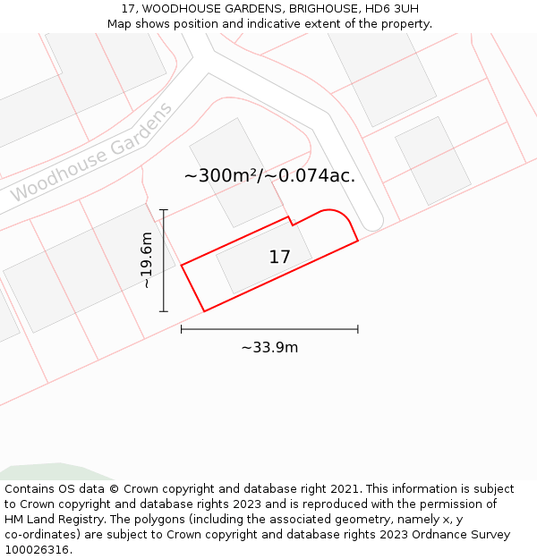 17, WOODHOUSE GARDENS, BRIGHOUSE, HD6 3UH: Plot and title map