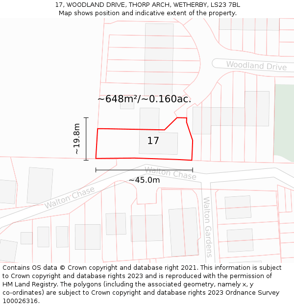 17, WOODLAND DRIVE, THORP ARCH, WETHERBY, LS23 7BL: Plot and title map