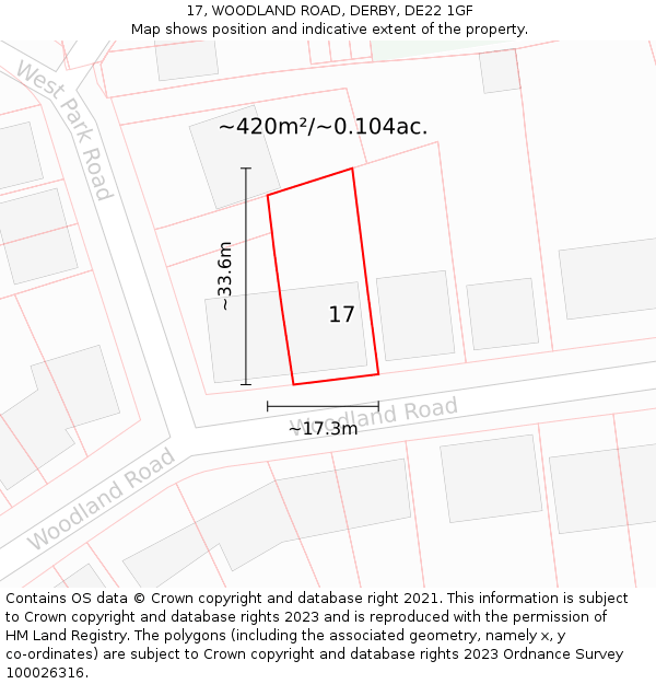 17, WOODLAND ROAD, DERBY, DE22 1GF: Plot and title map