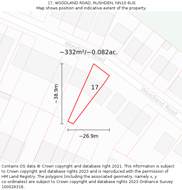 17, WOODLAND ROAD, RUSHDEN, NN10 6US: Plot and title map