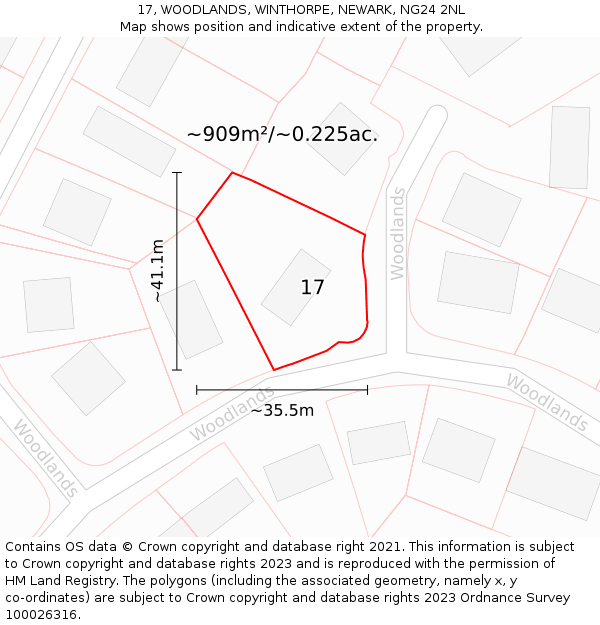 17, WOODLANDS, WINTHORPE, NEWARK, NG24 2NL: Plot and title map