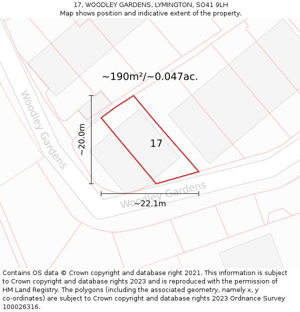 17, WOODLEY GARDENS, LYMINGTON, SO41 9LH: Plot and title map