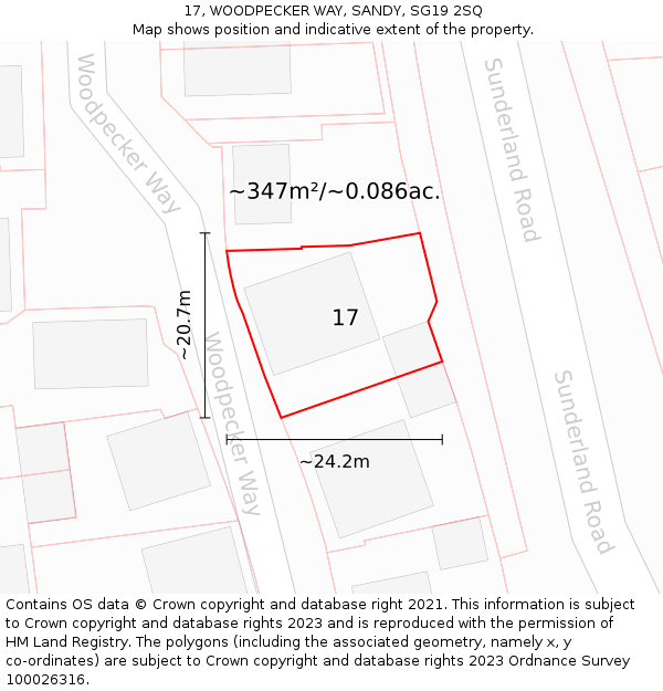 17, WOODPECKER WAY, SANDY, SG19 2SQ: Plot and title map