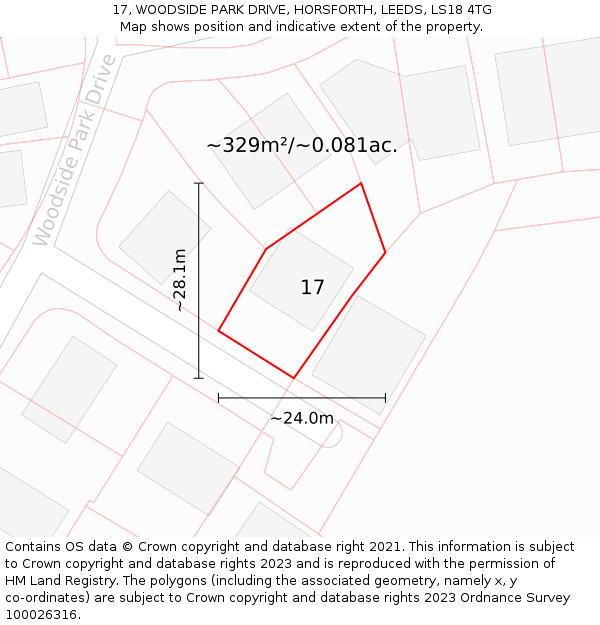 17, WOODSIDE PARK DRIVE, HORSFORTH, LEEDS, LS18 4TG: Plot and title map