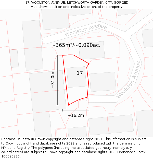 17, WOOLSTON AVENUE, LETCHWORTH GARDEN CITY, SG6 2ED: Plot and title map