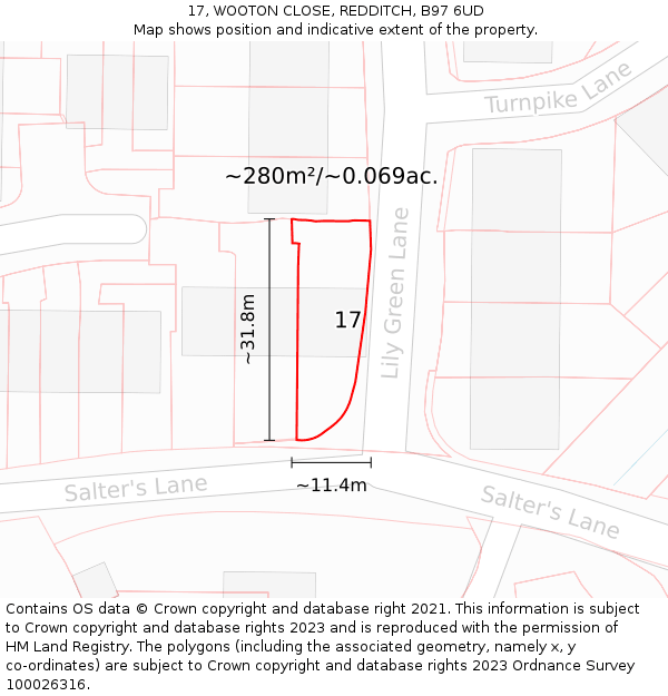 17, WOOTON CLOSE, REDDITCH, B97 6UD: Plot and title map