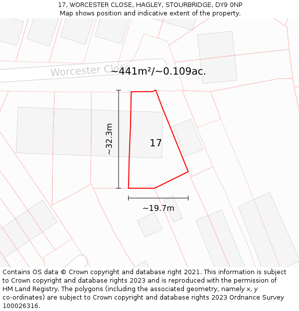 17, WORCESTER CLOSE, HAGLEY, STOURBRIDGE, DY9 0NP: Plot and title map