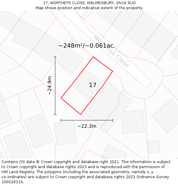 17, WORTHEYS CLOSE, MALMESBURY, SN16 9UD: Plot and title map