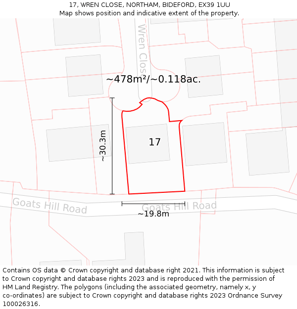 17, WREN CLOSE, NORTHAM, BIDEFORD, EX39 1UU: Plot and title map