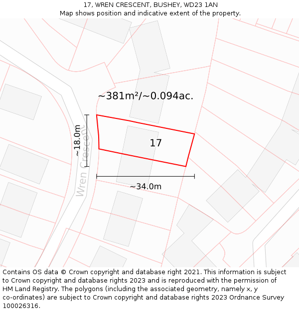 17, WREN CRESCENT, BUSHEY, WD23 1AN: Plot and title map