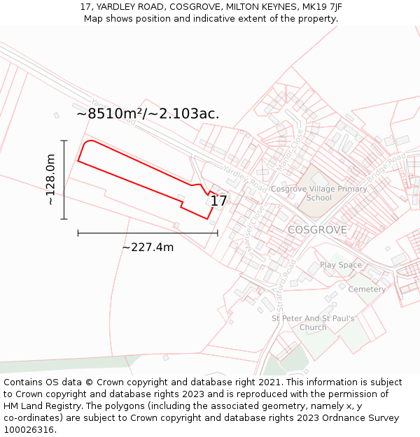 17, YARDLEY ROAD, COSGROVE, MILTON KEYNES, MK19 7JF: Plot and title map