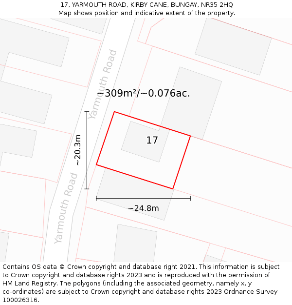 17, YARMOUTH ROAD, KIRBY CANE, BUNGAY, NR35 2HQ: Plot and title map