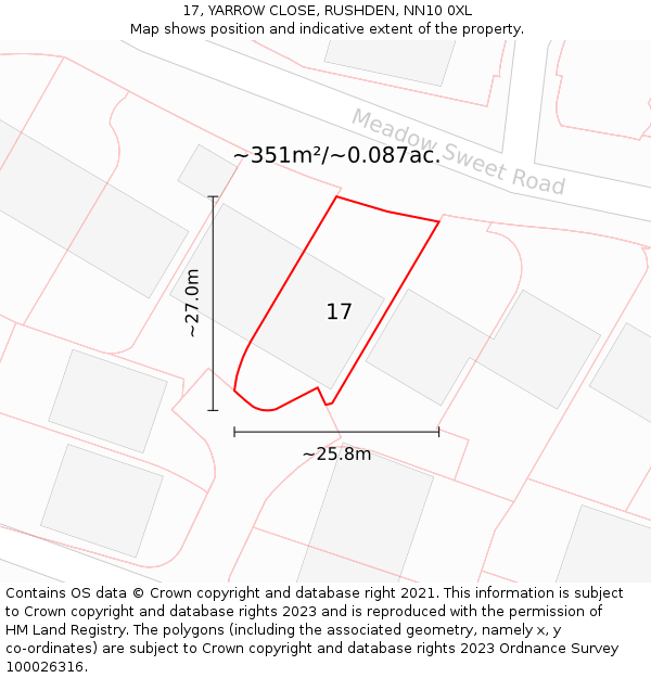 17, YARROW CLOSE, RUSHDEN, NN10 0XL: Plot and title map