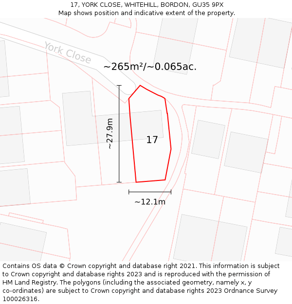 17, YORK CLOSE, WHITEHILL, BORDON, GU35 9PX: Plot and title map