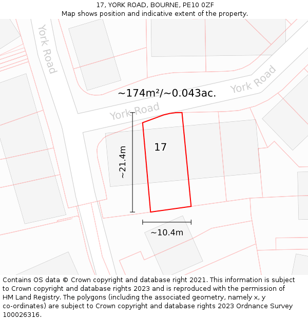 17, YORK ROAD, BOURNE, PE10 0ZF: Plot and title map