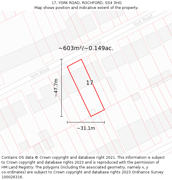 17, YORK ROAD, ROCHFORD, SS4 3HG: Plot and title map