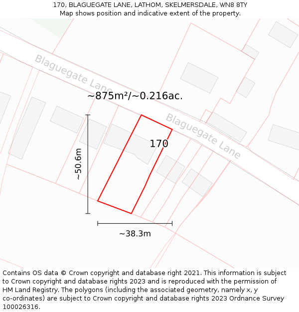 170, BLAGUEGATE LANE, LATHOM, SKELMERSDALE, WN8 8TY: Plot and title map