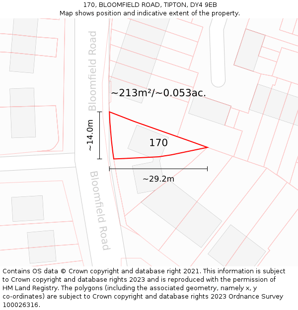 170, BLOOMFIELD ROAD, TIPTON, DY4 9EB: Plot and title map