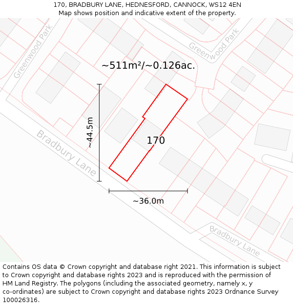 170, BRADBURY LANE, HEDNESFORD, CANNOCK, WS12 4EN: Plot and title map