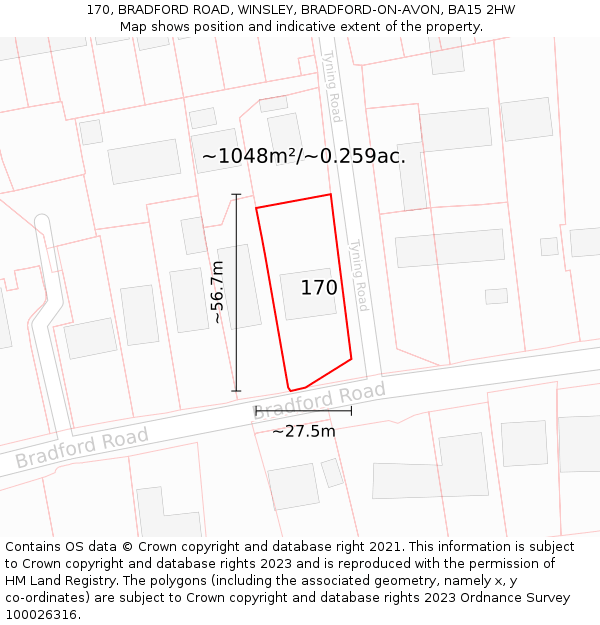 170, BRADFORD ROAD, WINSLEY, BRADFORD-ON-AVON, BA15 2HW: Plot and title map