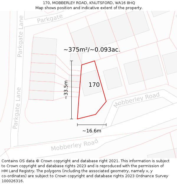 170, MOBBERLEY ROAD, KNUTSFORD, WA16 8HQ: Plot and title map
