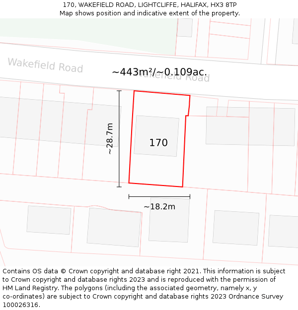 170, WAKEFIELD ROAD, LIGHTCLIFFE, HALIFAX, HX3 8TP: Plot and title map