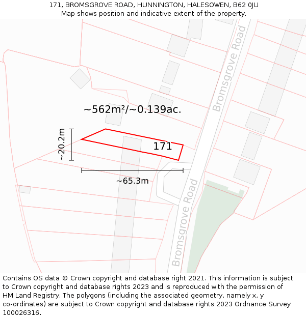 171, BROMSGROVE ROAD, HUNNINGTON, HALESOWEN, B62 0JU: Plot and title map