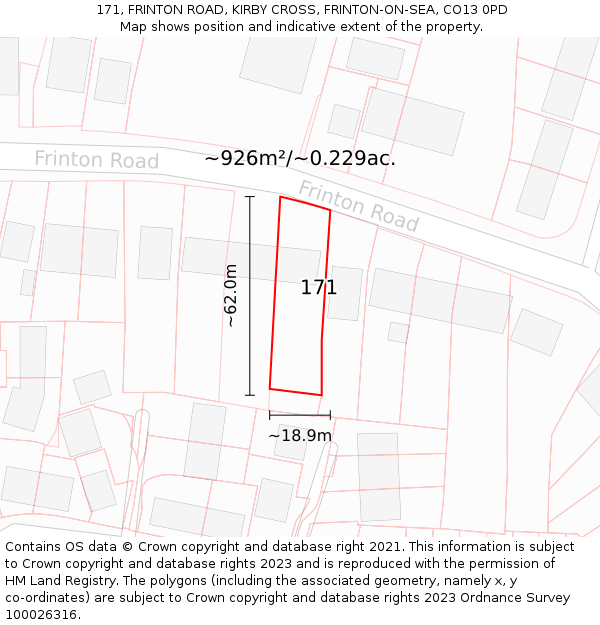 171, FRINTON ROAD, KIRBY CROSS, FRINTON-ON-SEA, CO13 0PD: Plot and title map