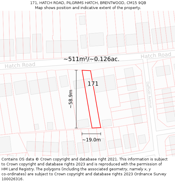 171, HATCH ROAD, PILGRIMS HATCH, BRENTWOOD, CM15 9QB: Plot and title map