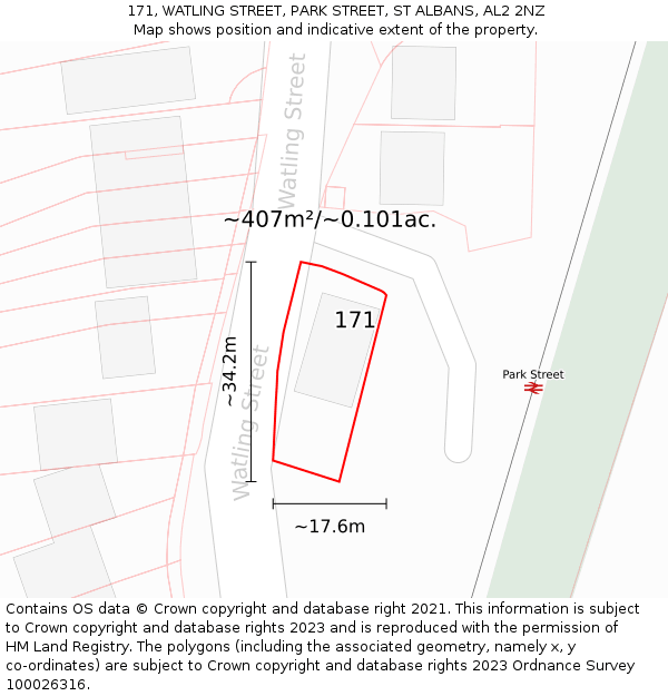 171, WATLING STREET, PARK STREET, ST ALBANS, AL2 2NZ: Plot and title map