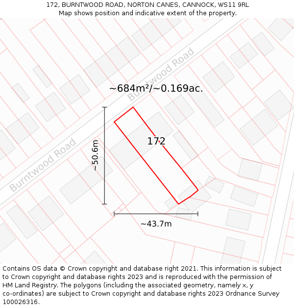 172, BURNTWOOD ROAD, NORTON CANES, CANNOCK, WS11 9RL: Plot and title map