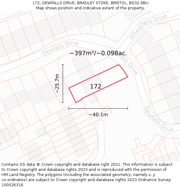 172, DEWFALLS DRIVE, BRADLEY STOKE, BRISTOL, BS32 9BU: Plot and title map