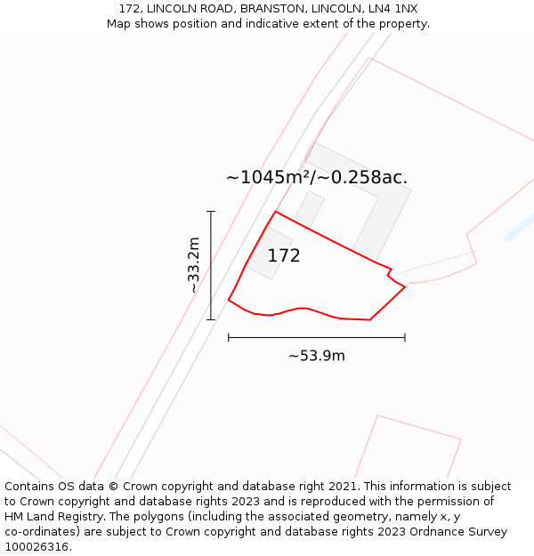 172, LINCOLN ROAD, BRANSTON, LINCOLN, LN4 1NX: Plot and title map