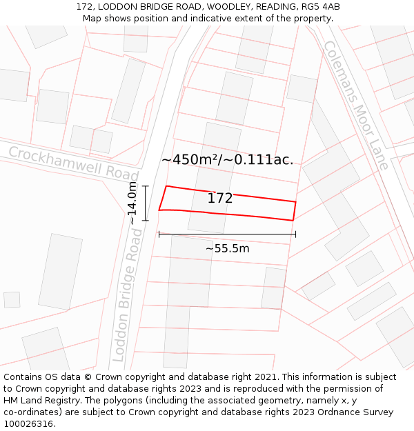 172, LODDON BRIDGE ROAD, WOODLEY, READING, RG5 4AB: Plot and title map