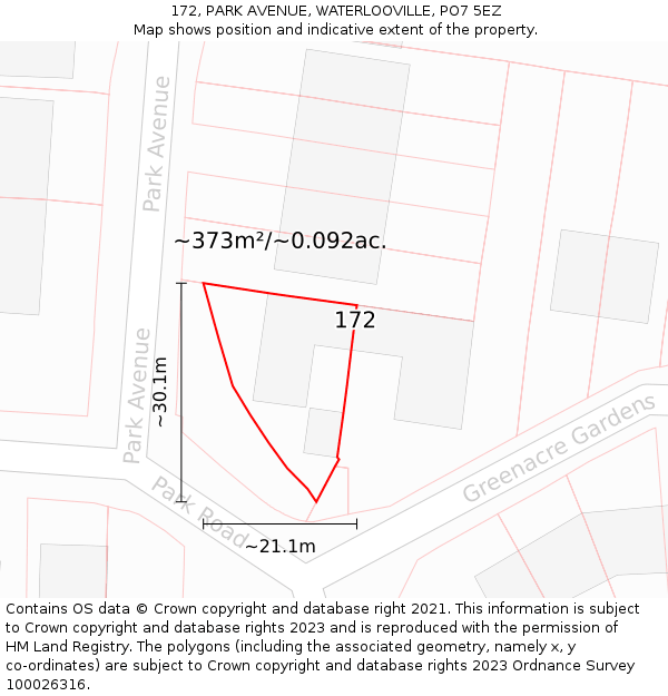 172, PARK AVENUE, WATERLOOVILLE, PO7 5EZ: Plot and title map