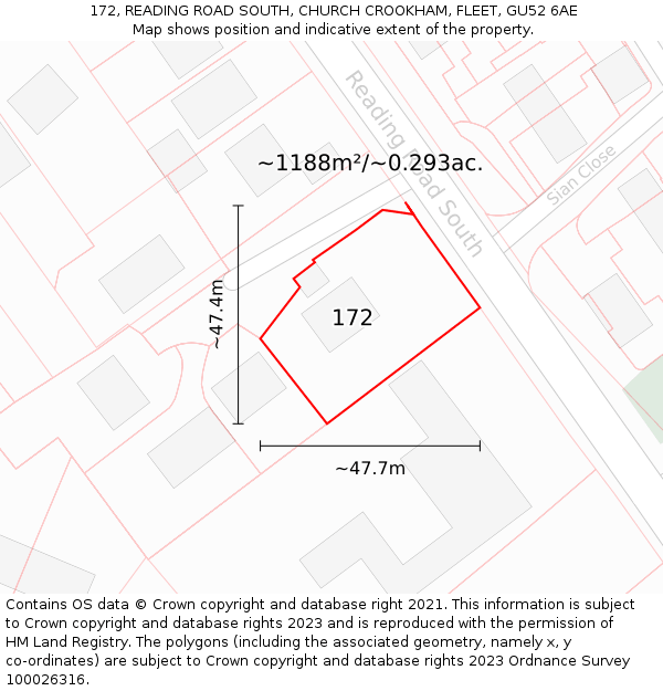 172, READING ROAD SOUTH, CHURCH CROOKHAM, FLEET, GU52 6AE: Plot and title map