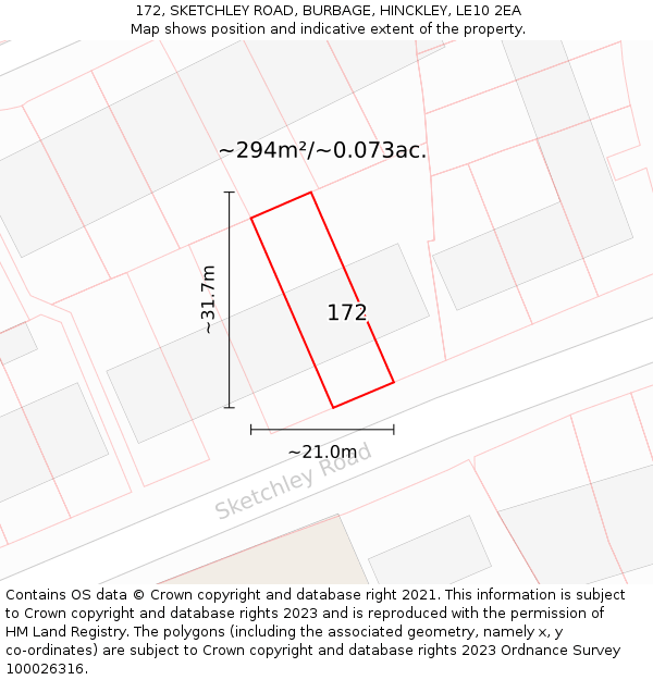172, SKETCHLEY ROAD, BURBAGE, HINCKLEY, LE10 2EA: Plot and title map