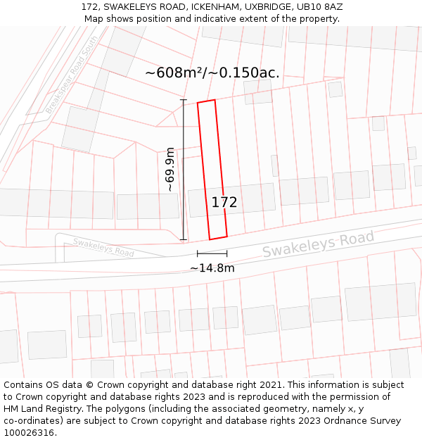 172, SWAKELEYS ROAD, ICKENHAM, UXBRIDGE, UB10 8AZ: Plot and title map