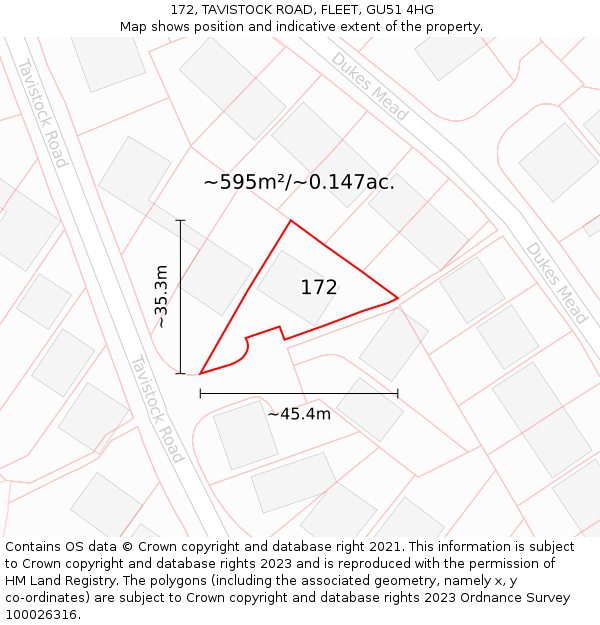 172, TAVISTOCK ROAD, FLEET, GU51 4HG: Plot and title map