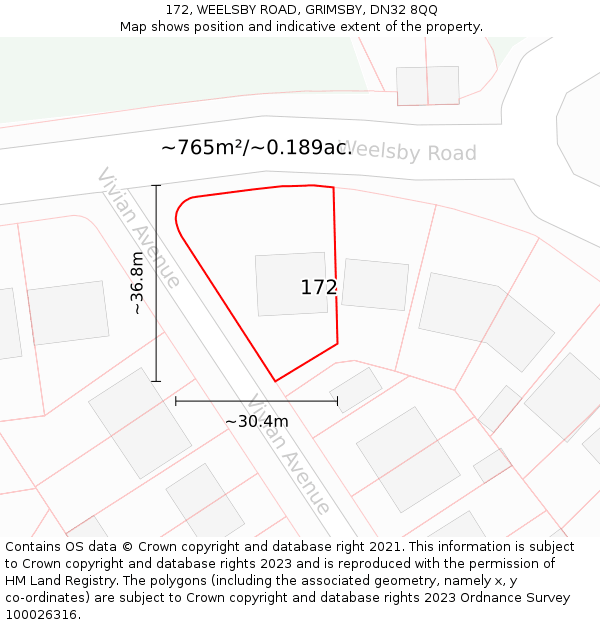 172, WEELSBY ROAD, GRIMSBY, DN32 8QQ: Plot and title map