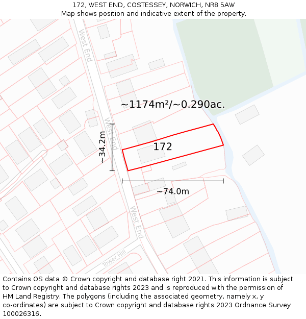 172, WEST END, COSTESSEY, NORWICH, NR8 5AW: Plot and title map